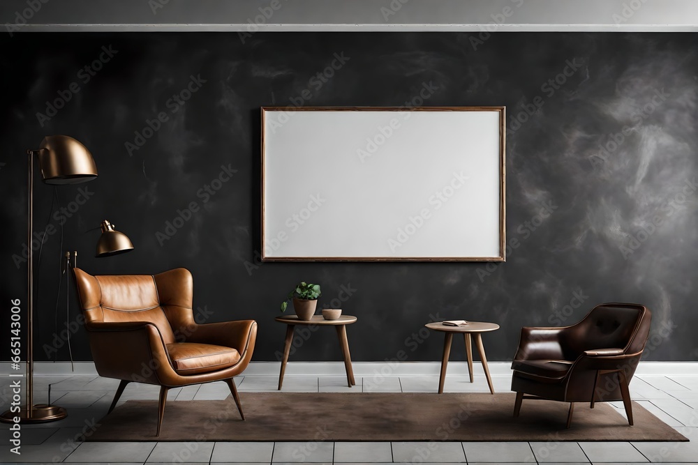 A Canvas Frame for a mockup ensconced within a niche in a modern living room, where the leather armchair adds a touch of opulence against the raw aesthetics of the dark cement wall
A Canvas Frame for a mockup ensconced within a niche in a modern living room, where the leather armchair adds a touch of opulence against the raw aesthetics of the dark cement wall