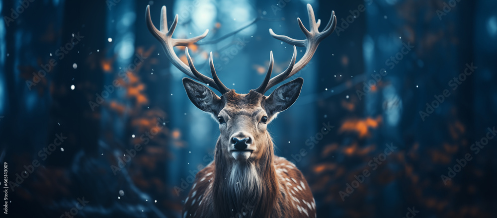 Beautiful deer in foggy atmospheric winter forest - obrazy, fototapety, plakaty 