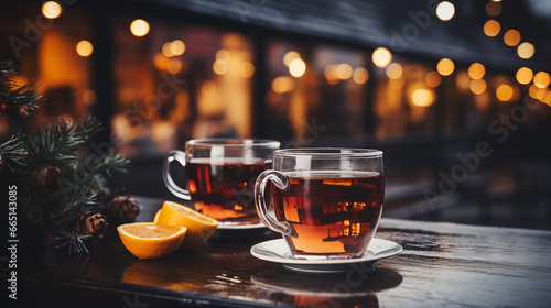 Hot tea with lemon against the backdrop of Christmas street