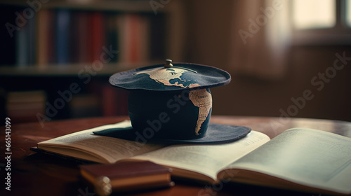 Education to learn study in world. Graduated student studying abroad international idea. Master degree hat on top globe book. Concept of graduate educational for long distane learning anywhere anytime photo