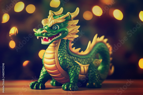 Green wooden dragon toy - the cute sign of New Year 2024 on Christmas background.