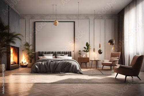 A vertical wooden frame poster mockup in a cozy bedroom with a plush bed, a fireplace, and a sitting area with a comfortable armchair. © Jasmeen