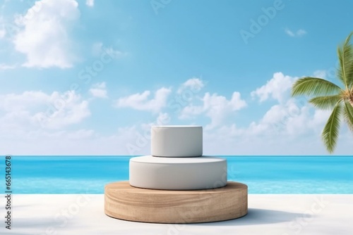3D product display podium on beach with blue sky and white clouds background. Tropical vacation concept. Generative AI