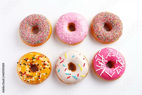 Colorful donuts with fruity glaze, sprinkles, and frosting on a white background. Fast and tempting bakery treats. Generative AI