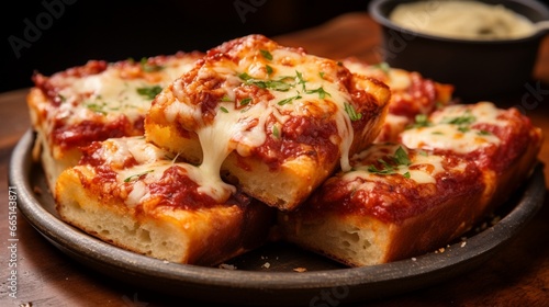 A Detroit-style pizza  cut into squares and arranged on a platter  highlighting the cheese-filled corners.
