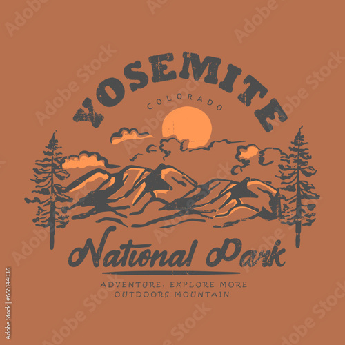 Adventure , explore more out doors mountain theme graphic T-shirt design, Adventure at the mountain graphic artwork for t shirt and others. Mountain with tree retro vintage print design.
