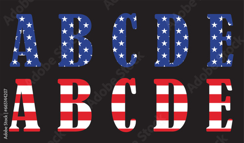 Vector font on the background 
of national flag of usa.
A set of letters of the english alphabet ABCDE with
american pattern of stars and stripes for
clothing, fabric, textile, paper, inscription.