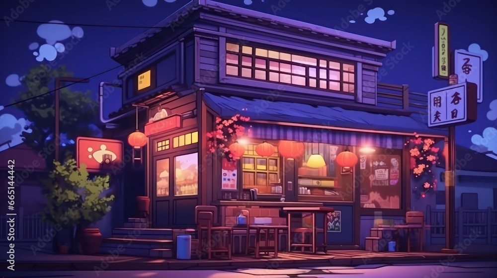 low-fi shop in vintage style against the backdrop of evening neon lights