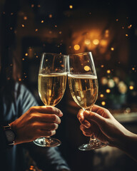 Joyful toast: Friends celebrating with champagne glasses on new year's eve. With copyspace.