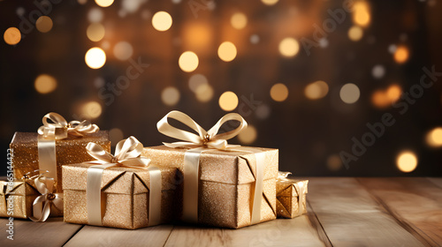 Christmas gifts wrapped with golden color paper and ribbon in wooden table top with bokeh festive lights in background, closeup portrait