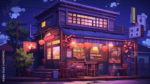 low-fi shop in vintage style against the backdrop of evening neon lights