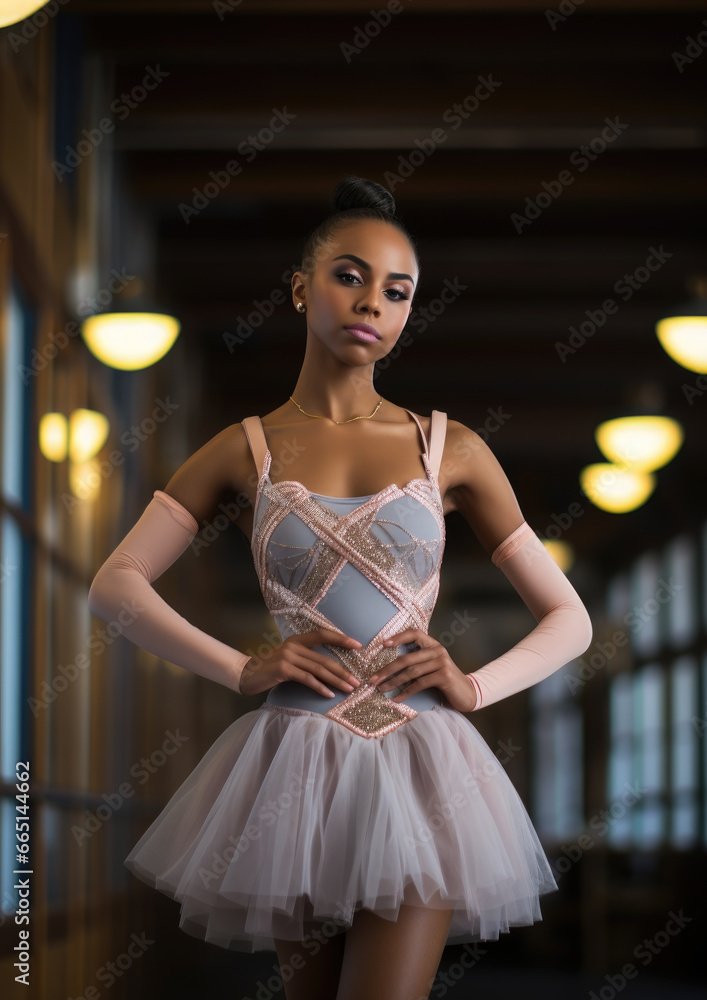 Naklejka premium dark-skinned beautiful young woman ballerina, theater actress, pointe shoes, ballet tutu, dancer, rhythmic gymnastics, African-American girl, sport, ballet, dancing, rehearsal, dress, body, portrait
