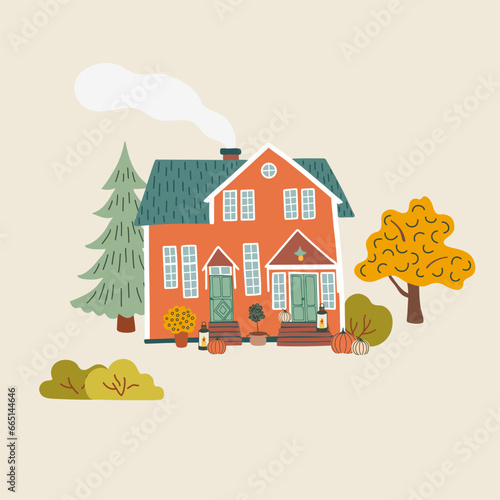 Hand drawn Scandinavian house surrounded by Autumn plants. Countryside house decorated with pumpkins, houseplants and candles. Flat style vector illustration.
