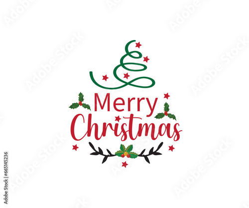 Merry Christmas, handwritten lettering. White text with snowflakes is isolated on a red background. Christmas holiday typography. Vector illustration.