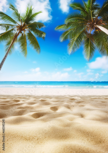 Tropical beach with fine sand, some palms near, calm sea with clear sky above. Empty copy space template for vacation or holiday product. Generative AI © Lubo Ivanko