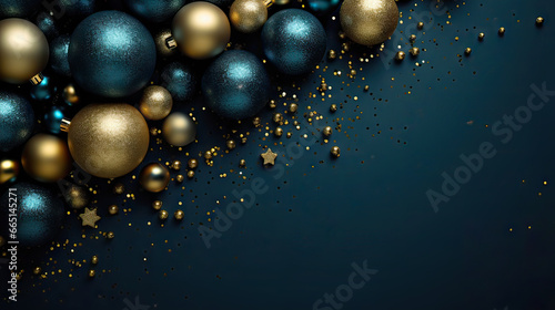 Modern Blue Christmas background with gold stars, balls. Elegant greeting card, Happy New Year