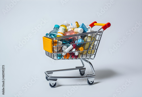 a shopping cart filled with pills and medicine bottles