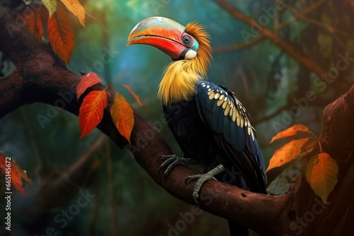 Colorful hornbill bird sitting on tropical rainforest branch. Generative AI