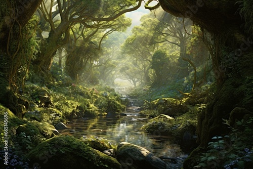 A depiction of a dense ancient woodland with lush vegetation and diverse wildlife. Generative AI