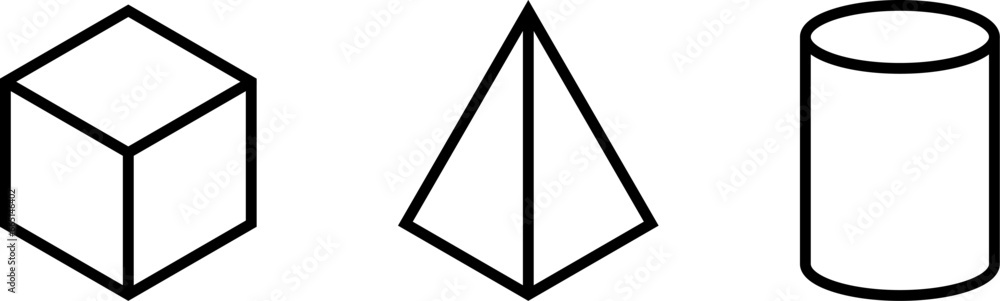 Basic Icon Set of Geometric Shapes including Cube Box Pyramid and Cylinder in 3D Style Perspective View. Vector Image. Basic Icon Set of Geometric Shapes including Cube Box Pyramid and Cylinder in 3D Style Perspective View. Vector Image.