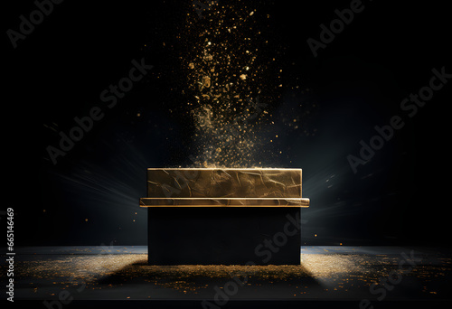 A black podium with gold sprinkles on a black background