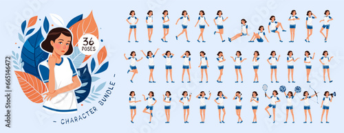 Sporty teenage, attractive brunette tomboy girl character set, sport bundle. Young woman in lively, energetic poses, athletic skills demonstration, hobby or recreational activity kit. Vector cartoon