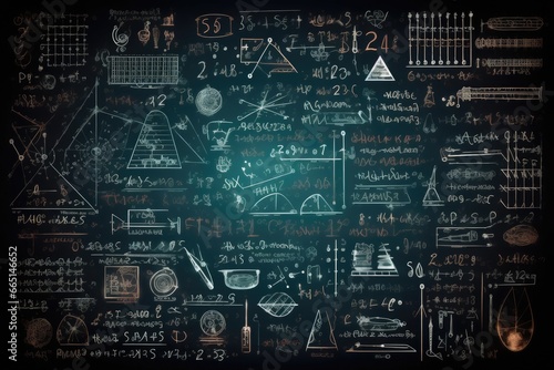 Chalkboard inscribed with scientific formulas and calculations in physics and mathematics.