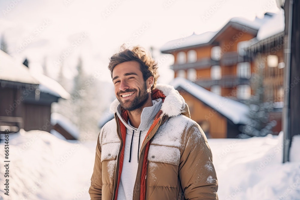 A happy young man enjoys a winter day outdoors, exploring the snowy landscape A happy young man enjoys a winter day outdoors, exploring the snowy landscape