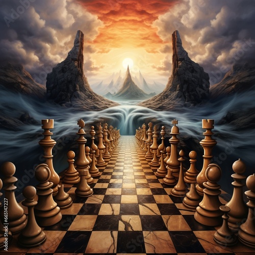 View of dramatic and surreal chess pieces with dark colors photo