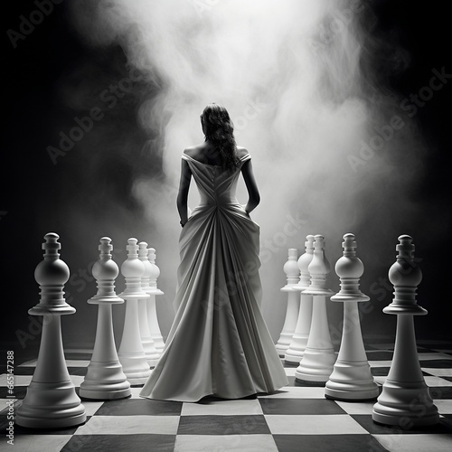 View of dramatic and surreal chess pieces with dark colors