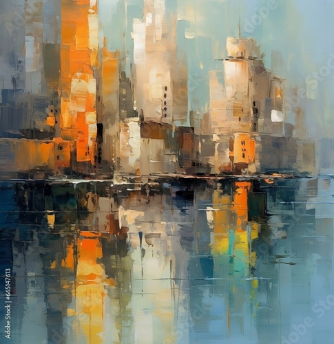 Abstract oil painting of a city showing bright colours, style of light aquamarine and light amber, pixelated, palette knife thick oil paint. Good as a poster for wall decor or interior.