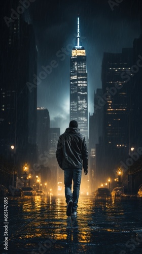 Man walking in the rain with city skyline in background