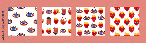 Vector set of seamless patterns with doodle eyes and hearts with fire. Teenagers punk patterns set. Modern valentines day patterns. Eyes pattern. Vector illustration