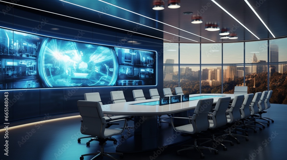 A high-tech conference room featuring a large video wall and ergonomic seating.