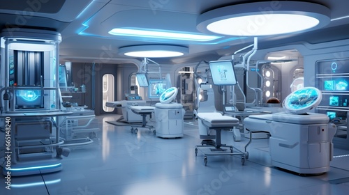 A high-tech medical lab with advanced equipment and a sterile, organized layout.
