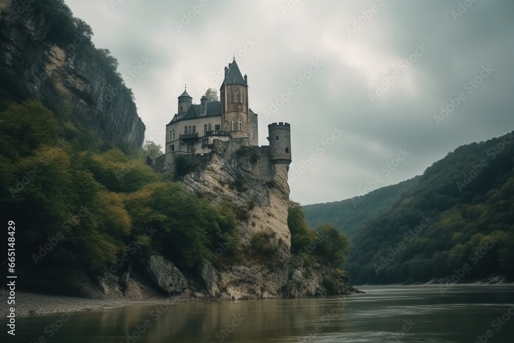 Low angle view of ancient castle with triangular roofs and tower perched on cliff above river on cloudy day. Generative AI