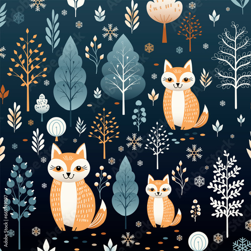 Winter pattern, winter background with cute fox and winter plants and trees, winter vector illustration