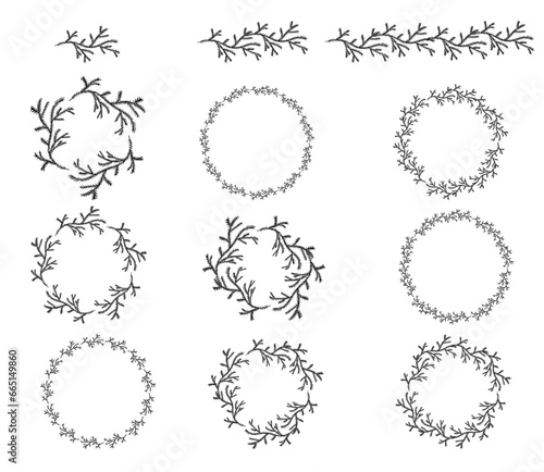 Frames, branches of spruce tree in hand drawn style on white background. Set, design elements. Vector illustration