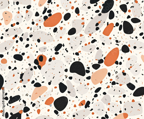 Terrazzo with varying sizes and shapes of orange black and gray spots scattered randomly across a white background in a flat graphic style.