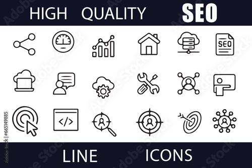 SEO line icons vector set. Search Engine Optimization symbol collection. Search, content, analysis, traffic, link, development, optimization, mail, strategy, website