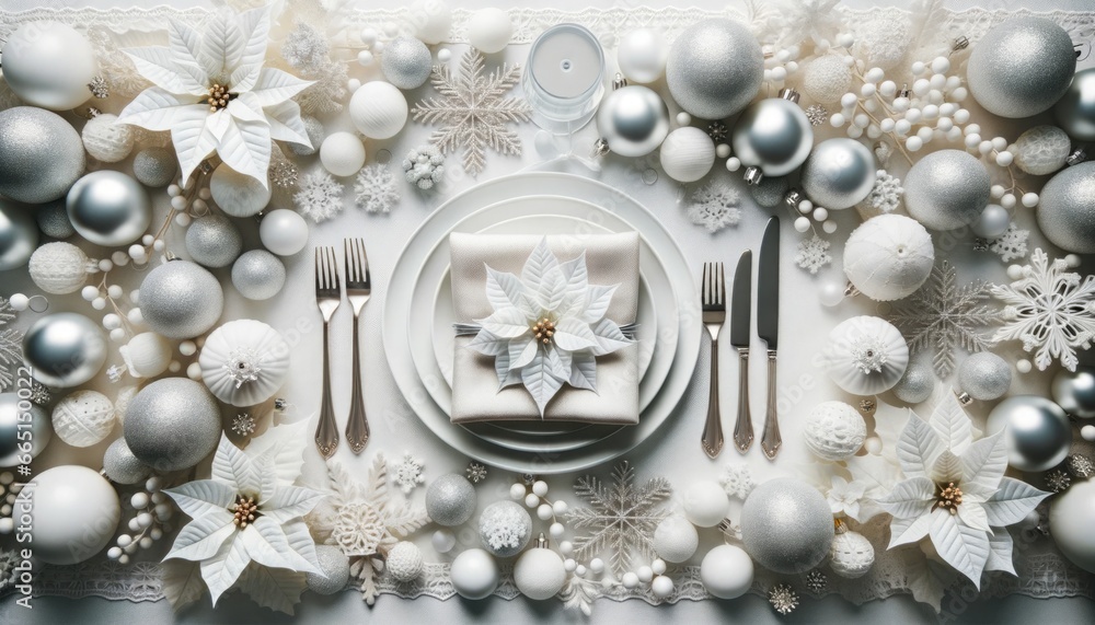Beautifully served New Year's Christmas table with white decor. Monochrome composition top view. Beautifully served New Year's Christmas table with white decor. Monochrome composition top view.