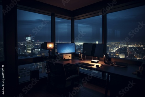 A dimly lit office space with a desktop computer and a wide window overlooking the cityscape. Generative AI