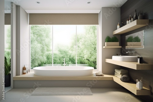 Modern bathroom with bathtub  decorative shelf  and a window. Generative AI