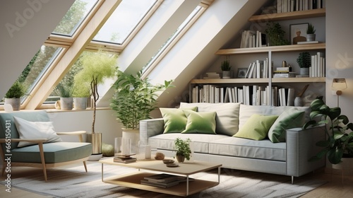 A modern Scandinavian attic living room with a slanted ceiling  featuring contemporary furnishings and accents of blue and green.