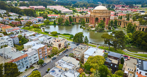 Marina District aerial over houses with open rotunda and colonnade of Palace of Fine Arts