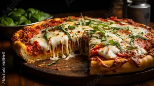 A mouthwatering Chicago deep-dish pizza fresh out of the oven, oozing with melted cheese and tomato sauce.
