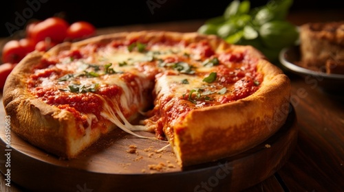 A mouthwatering Chicago deep-dish pizza fresh out of the oven, oozing with melted cheese and tomato sauce.