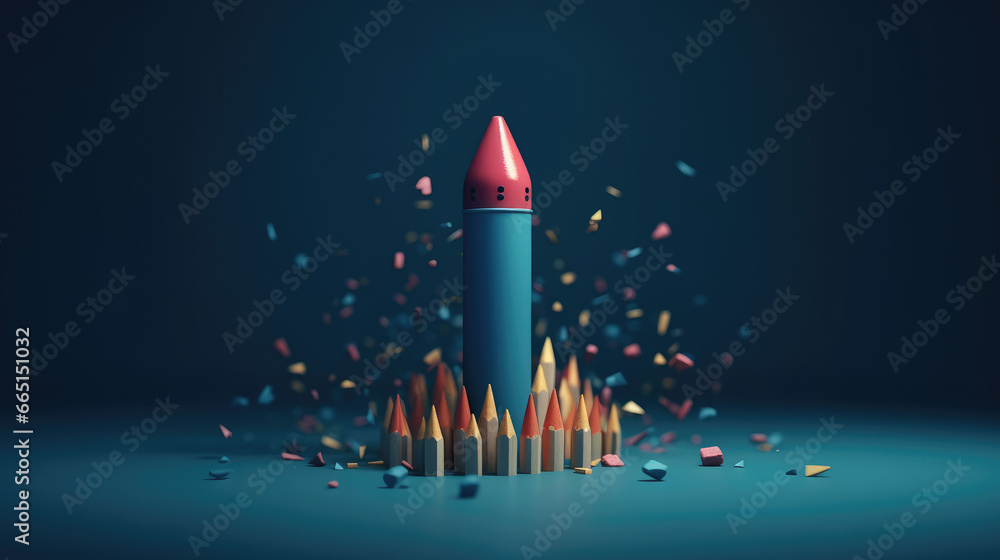 Minimal background for online education concept. Launching pencil rocket on blue background. 3d rendering illustration. Clipping path of each element included. Minimal background for online education concept. Launching pencil rocket on blue background. 3d rendering illustration. Clipping path of each element included.