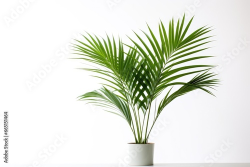 A lush, green potted palm plant with tropical foliage against a white background, enhancing interior beauty.