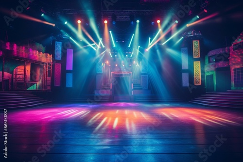 Bright, colorful lights illuminating a stage. Generative AI